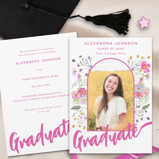 Boho Wildflower Afstudeerfoto Boog Roze Script Aankondiging