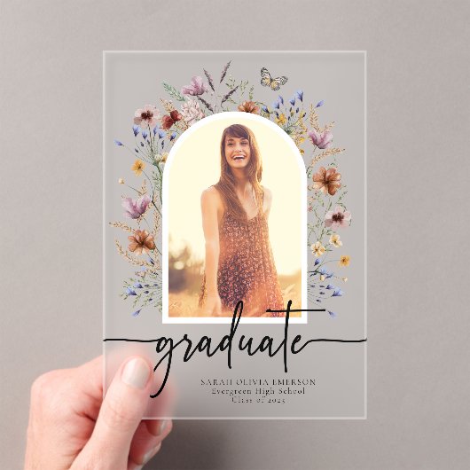 Boho Wildflower Afstuderen foto acryl uitnodiginge Acryl Uitnodigingen (Insitu (Draagbaar))
