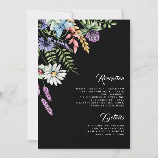 Boho Wildflower All in One Black Wedding Kaart (Achterkant)