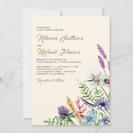 Boho Wildflower All in One Cream Wedding Kaart (Voorkant)