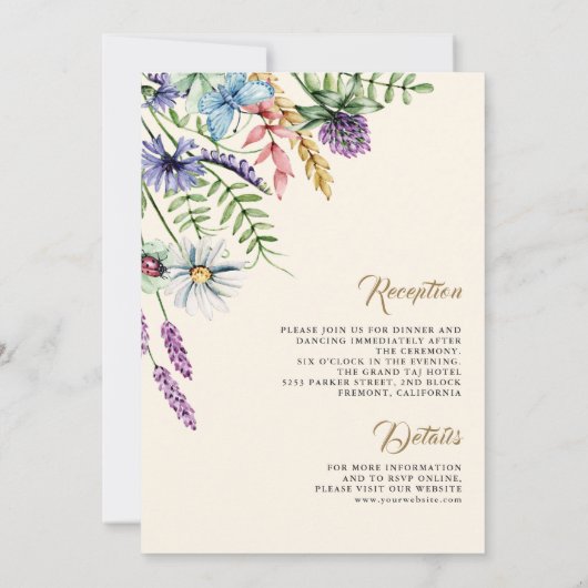 Boho Wildflower All in One Cream Wedding Kaart (Achterkant)