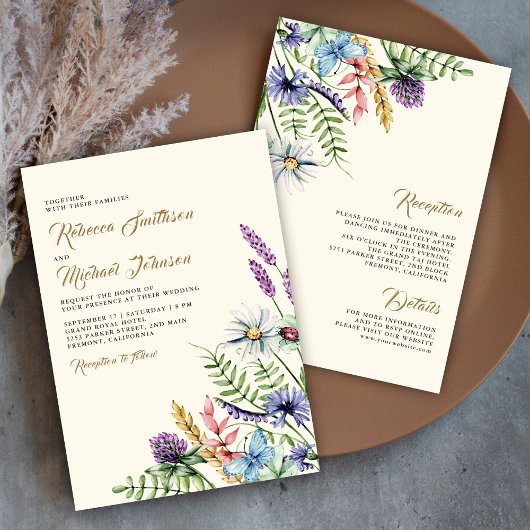 Boho Wildflower All in One Cream Wedding Kaart