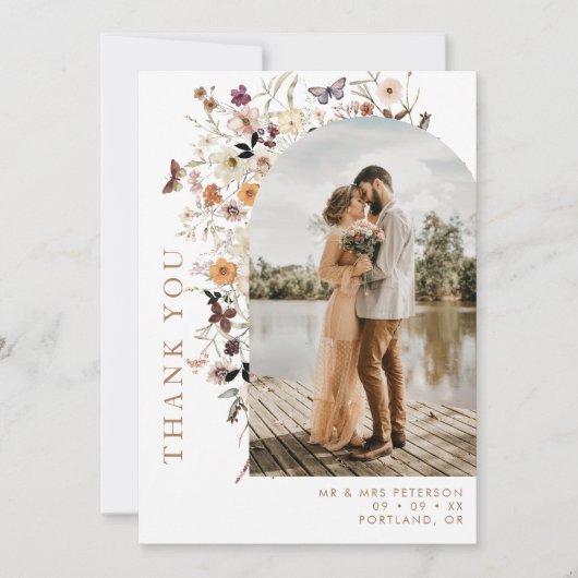 Boho Wildflower Arch Foto Herfst Bruiloft Bedankkaart (Voorkant)