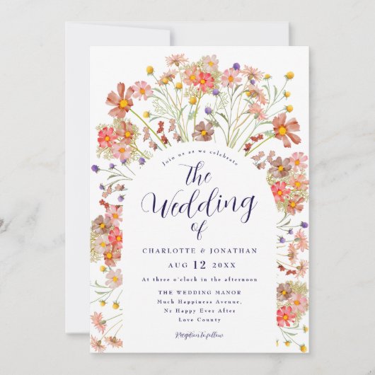 Boho Wildflower Arch Marine Blauw Wit Huwelijk Kaart (Voorkant)