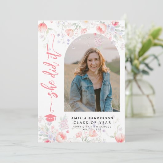 Boho wildflower arch photo graduation  aankondiging (Staand voorkant)
