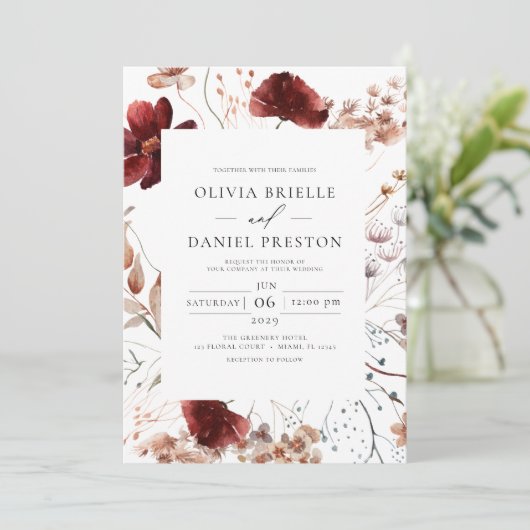 Boho Wildflower Autumn All in One QR Code Wedding Kaart (Staand voorkant)