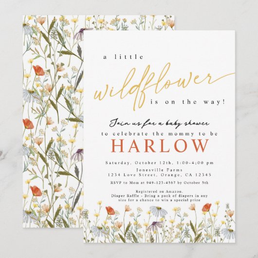 Boho Wildflower Baby shower Aankondiging (Voorkant / Achterkant)