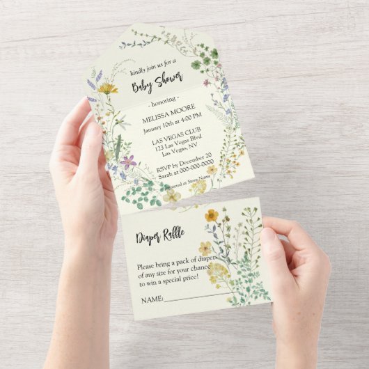 Boho Wildflower Baby shower All In One Uitnodiging (Afscheurbaar)