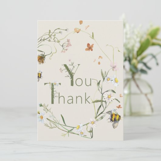 Boho Wildflower Bee Beige Baby shower Bedankkaart (Staand voorkant)