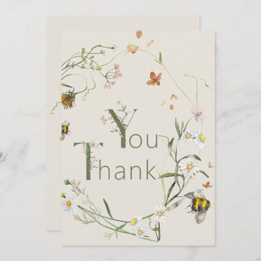 Boho Wildflower Bee Beige Baby shower Bedankkaart (Voorkant / Achterkant)