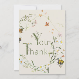 Boho Wildflower Bee Beige Baby shower Bedankkaart