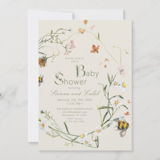 Boho Wildflower Bee Beige Baby shower Kaart (Voorkant)