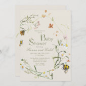 Boho Wildflower Bee Beige Baby shower Kaart (Voorkant / Achterkant)