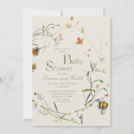 Boho Wildflower Bee Beige Baby shower Kaart