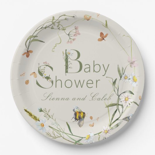 Boho Wildflower Bee Beige Baby shower Papieren Bordje (Voorkant)