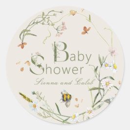 Boho Wildflower Bee Beige Baby shower Ronde Sticker