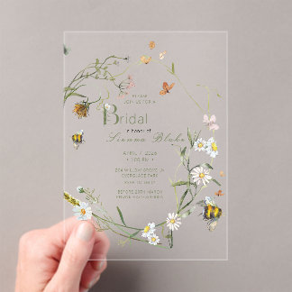 Boho Wildflower Bee Beige Vrijgezellenfeest Acryl Uitnodigingen