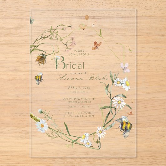 Boho Wildflower Bee Beige Vrijgezellenfeest Acryl Uitnodigingen (Voorkant)