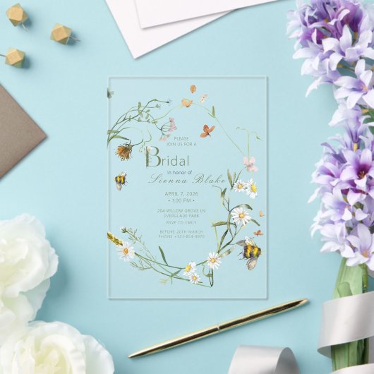 Boho Wildflower Bee Beige Vrijgezellenfeest Acryl Uitnodigingen (Insitu (Huwelijk))