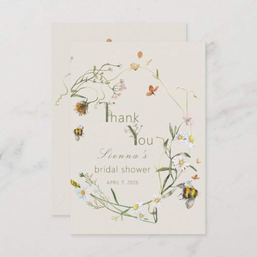 Boho Wildflower Bee Beige Vrijgezellenfeest Bedankkaart (Voorkant / Achterkant)