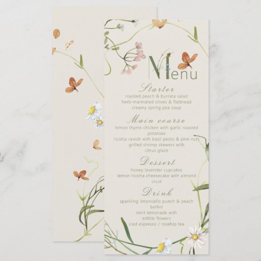 Boho Wildflower Bee Beige Vrijgezellenfeest Menu (Voorkant / Achterkant)