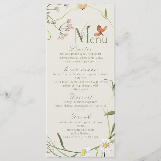 Boho Wildflower Bee Beige Vrijgezellenfeest Menu (Voorkant)