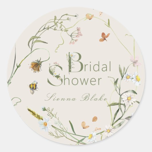 Boho Wildflower Bee Beige Vrijgezellenfeest Ronde Sticker (Voorkant)