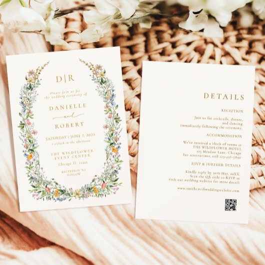 Boho Wildflower Beige Alles in één bruiloft Folie Uitnodiging