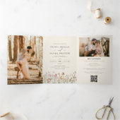 Boho Wildflower Beige Alles in een QR-code bruilof Drieluik Uitnodiging (Binnen)