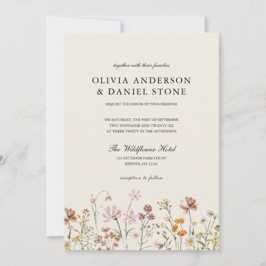 Boho Wildflower Beige Alles in een QR-code bruilof Kaart (Voorkant)