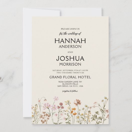 Boho Wildflower Beige Alles in een QR-code bruilof Kaart (Voorkant)