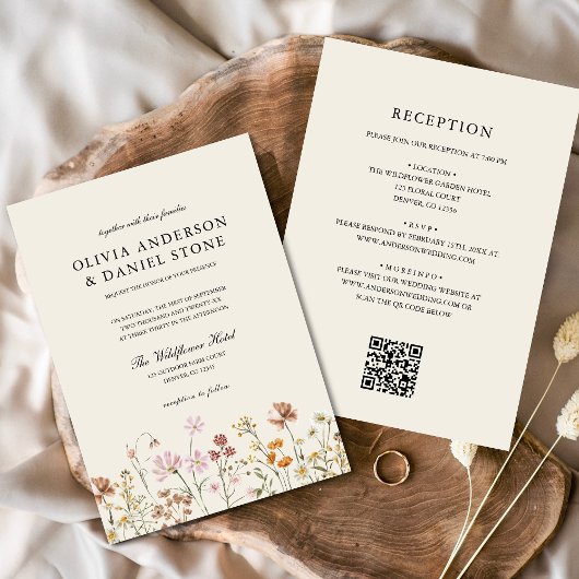 Boho Wildflower Beige Alles in een QR-code bruilof Kaart