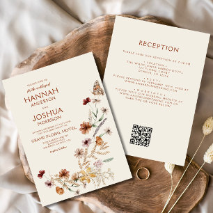 Boho Wildflower Beige Alles in een QR-code bruilof Kaart