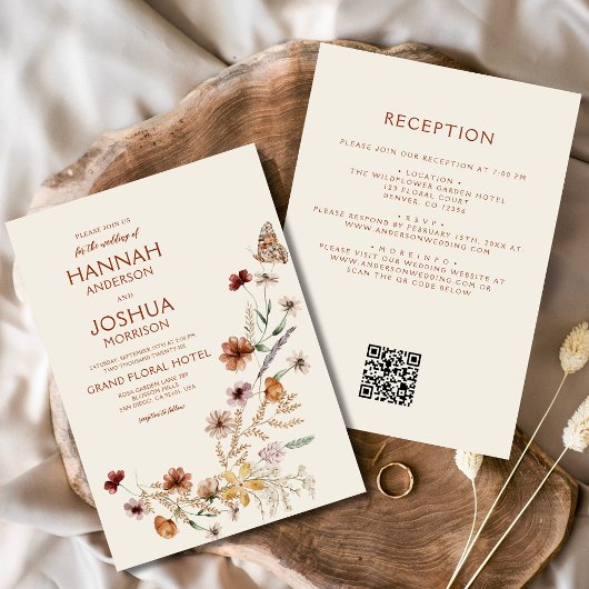 Boho Wildflower Beige Alles in een QR-code bruilof Kaart