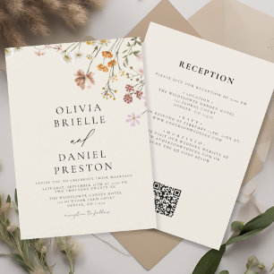 Boho Wildflower Beige Alles in een QR-code bruilof Kaart
