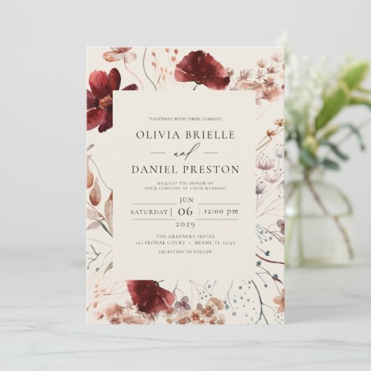 Boho Wildflower Beige Alles in een QR-code bruilof Kaart (Staand voorkant)