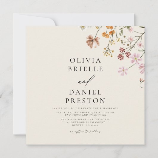 Boho Wildflower Beige Alles in een QR-code bruilof Kaart (Voorkant)