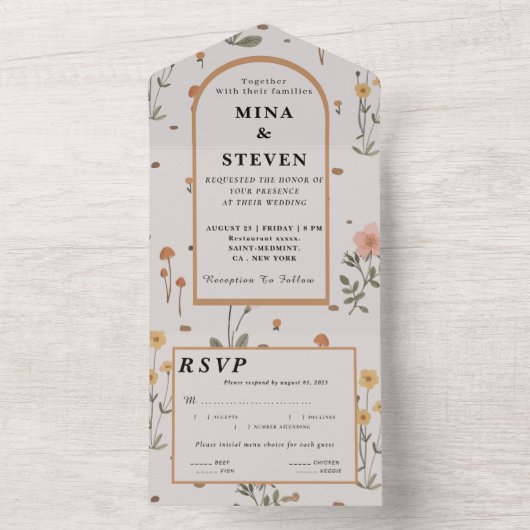 Boho Wildflower beige bruiloft All In One Uitnodiging (Binnen)