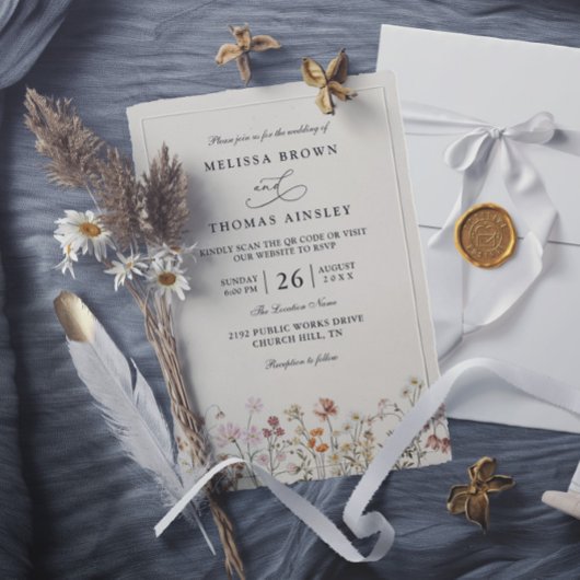 Boho Wildflower Beige Elegant QR Code Wedding Kaart