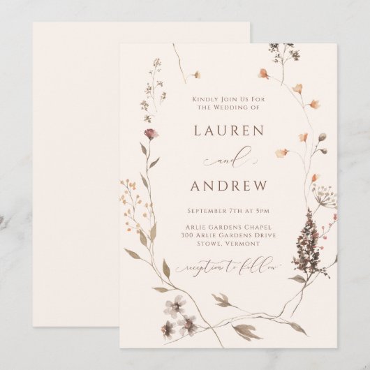 Boho Wildflower Beige Minimalistische bruiloft Kaart (Voorkant / Achterkant)