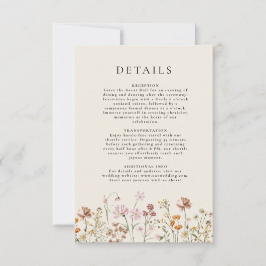 Boho Wildflower Beige Tuin Bruiloft Details Kaart (Voorkant)