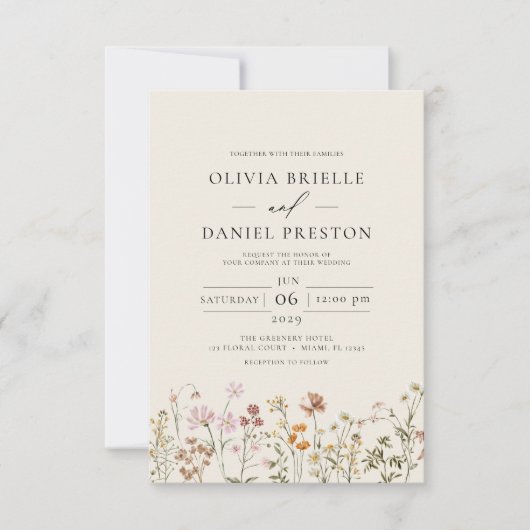 Boho Wildflower Beige Tuin Bruiloft Kaart (Voorkant)