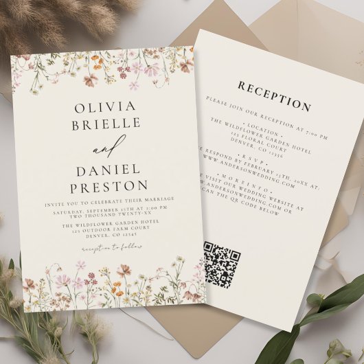 Boho Wildflower Beige Tuin Bruiloft Kaart