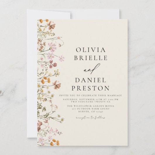 Boho Wildflower Beige Tuin Bruiloft Kaart (Voorkant)