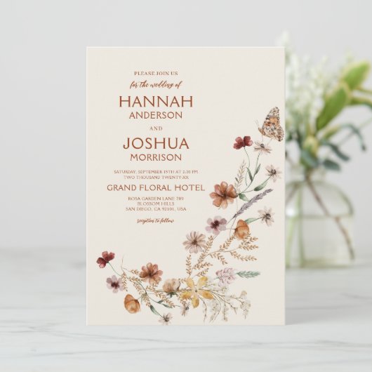 Boho Wildflower Beige Tuin Bruiloft Kaart (Staand voorkant)