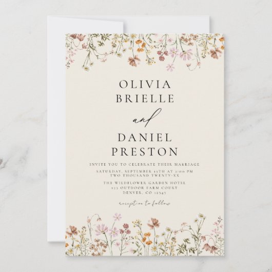 Boho Wildflower Beige Tuin Bruiloft Kaart (Voorkant)