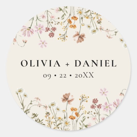Boho Wildflower Beige Tuin Bruiloft Ronde Sticker (Voorkant)