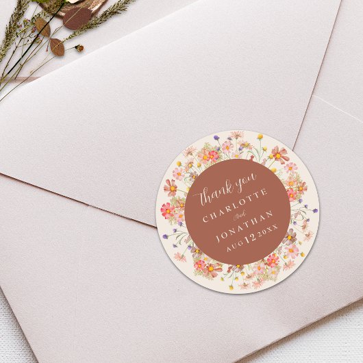 Boho Wildflower Beige Wedding Thank You  Ronde Sticker