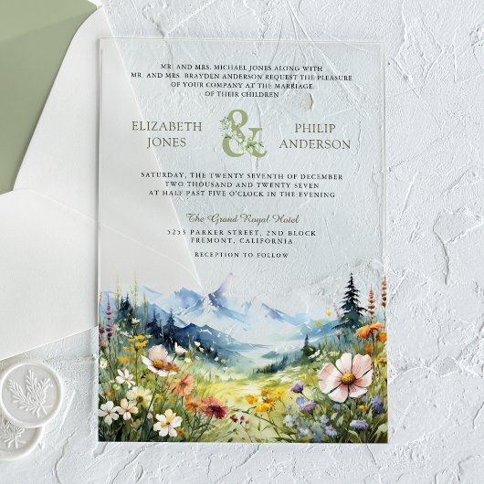 Boho Wildflower Bergweide Bruiloft Acryl Uitnodigingen