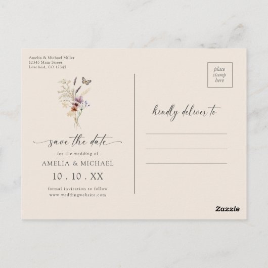 Boho Wildflower Bewaar de datum Briefkaart (Achterkant)